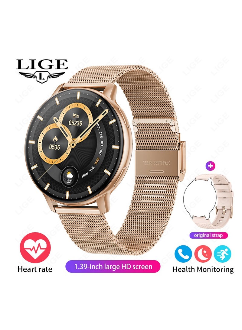 لييج ساعة ذكية أنيقة للنساء، شاشة لمس كاملة 1.39 بوصة IPS، اتصال لاسلكي، مقاومة للماء IP67، متتبع رياضي، ساعات ذكية لمراقبة الصحة، مناسبة للسيدات، حزام سيليكون وردي وشبكي وردي - Image 1