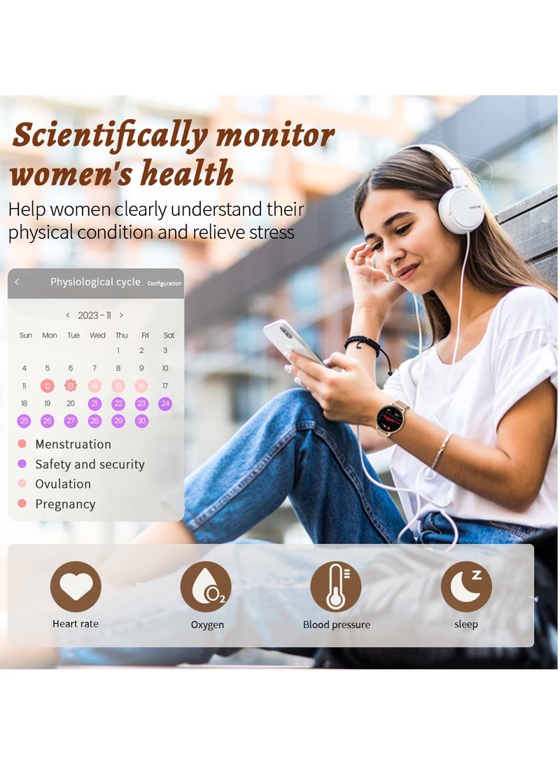 لييج ساعة ذكية أنيقة للنساء، شاشة لمس كاملة 1.39 بوصة IPS، اتصال لاسلكي، مقاومة للماء IP67، متتبع رياضي، ساعات ذكية لمراقبة الصحة، مناسبة للسيدات، حزام سيليكون وردي وشبكي وردي - Image 3