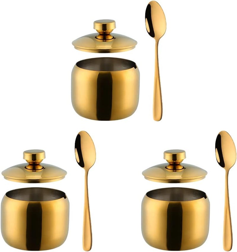 TUPMFG 3-Piece Seasoning Box with Spoon and Lid 304 Stainless Steel Condiment Canisters Pots Seasoning Jars for Spice Salt Sugar-Gold - Image 1