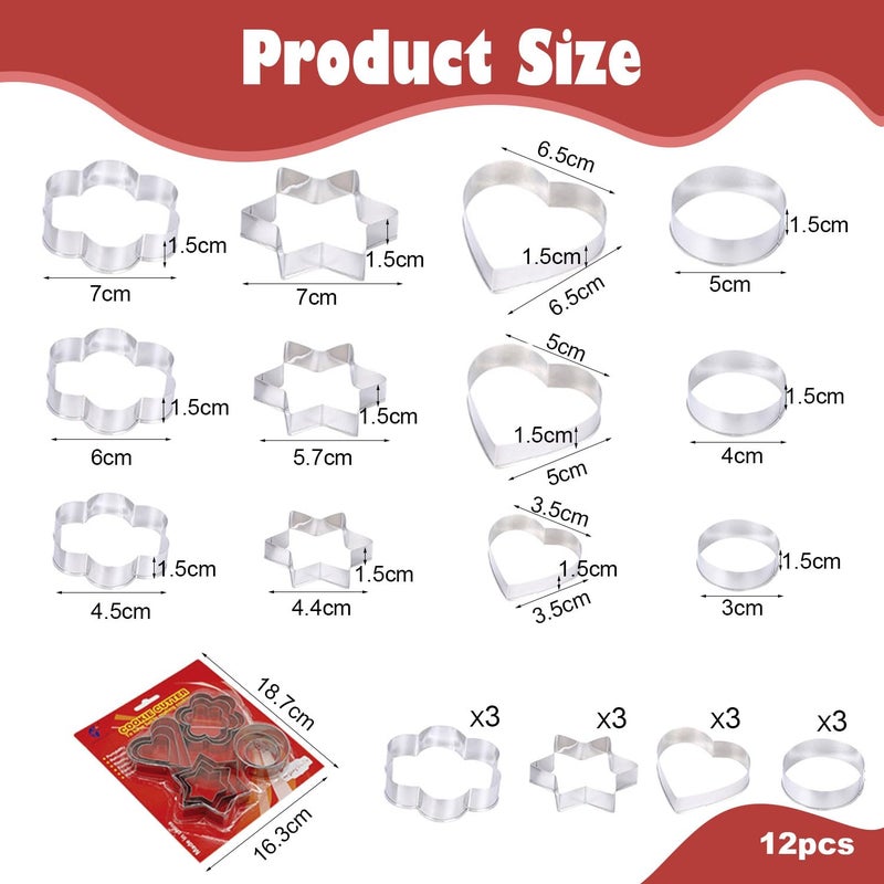 DIPZO 12PCS Cookie Cutter Set, Stainless Steel Biscuit Cutters with Star, Heart, Round, Flower Shapes for Baking Pastry, Kitchen Baking Valentine's Day & Christmas - Image 2