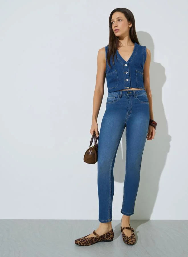 Styli Mid Rise Washed Ankle Length Slim Fit Jeans