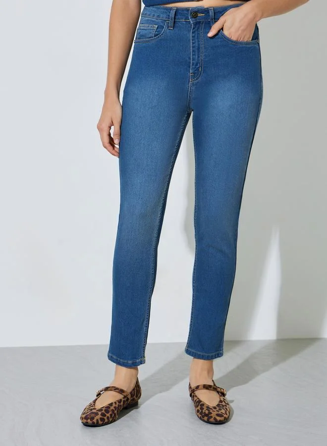 Styli Mid Rise Washed Ankle Length Slim Fit Jeans