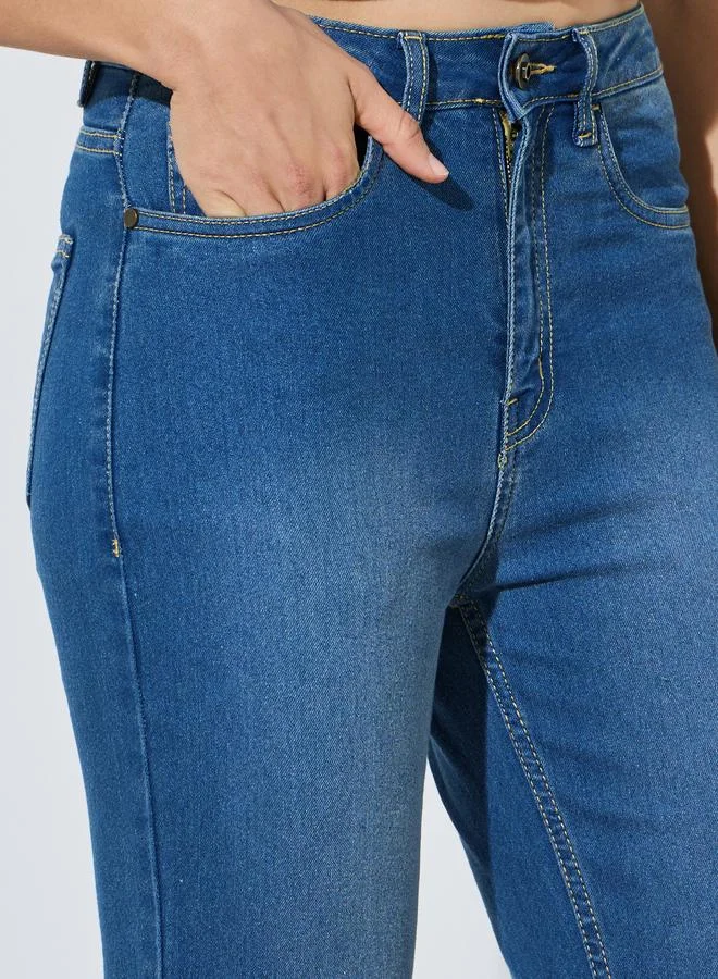 Styli Medium Blue Mid Rise Washed Ankle Length Slim Fit Jeans for Women | Best Price UAE