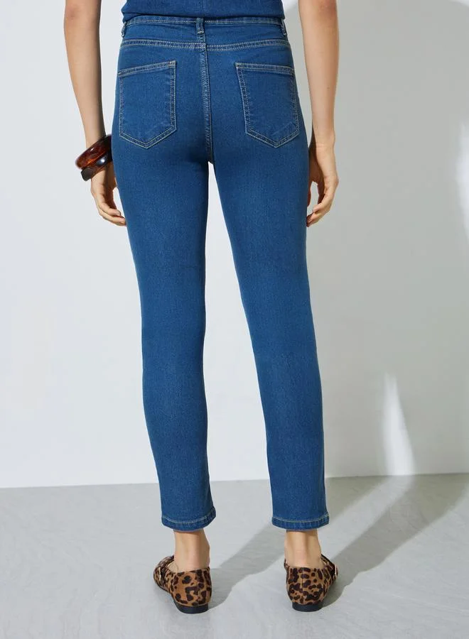 Styli Medium Blue Mid Rise Washed Ankle Length Slim Fit Jeans for Women | Best Price UAE