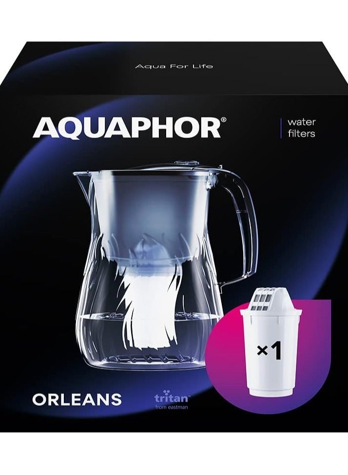 Aquaphor Orleans Water Filter Jug 4.2L, for reduction of limescale, Chlorine and other impurities, 1x A5 350 litre Added Magnesium Cartridge - Premium Water Filter jug in Glass effect - Image 1