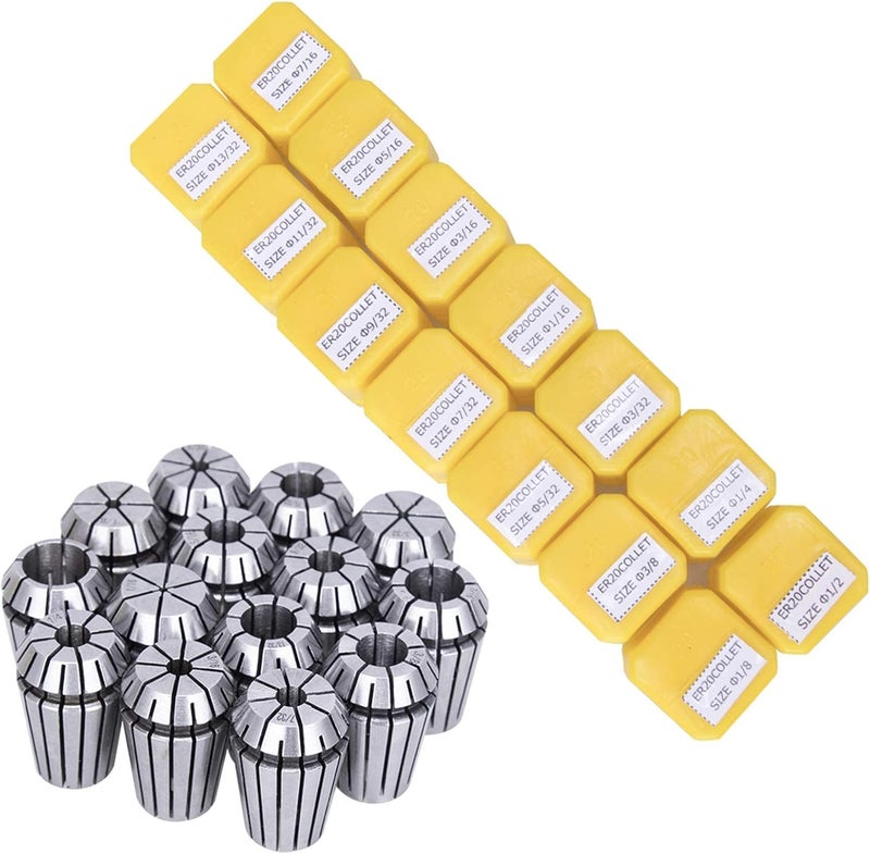 SILIVN 14pcs ER20 Spring Collet Set for CNC Engraving Machine and Milling Lathe Tool Workholding Engraving Collets (1/16",3/32",1/8",5/32",3/16",7/32",1/4",9/32",5/16",11/32",3/8",13/32",7/16",1/2") - Image 1