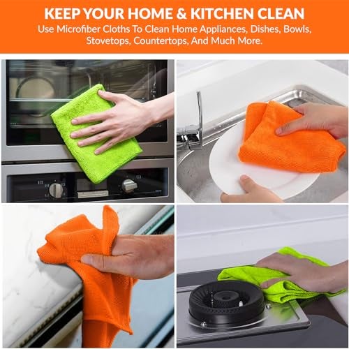 Tukzer Multi-Purpose Microfiber Cloths for Home Kitchen| Ultra-Soft Highly Absorbent Lint & Streak-Free Reusable Cleaning Wash Cloth for Glass, Dish, Steel, Window (Orange-Green| 2 Pcs 25 X 25 cms) - Image 3