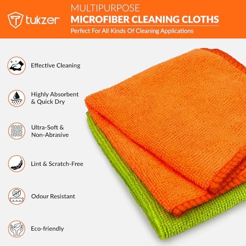 Tukzer Multi-Purpose Microfiber Cloths for Home Kitchen| Ultra-Soft Highly Absorbent Lint & Streak-Free Reusable Cleaning Wash Cloth for Glass, Dish, Steel, Window (Orange-Green| 2 Pcs 25 X 25 cms) - Image 2