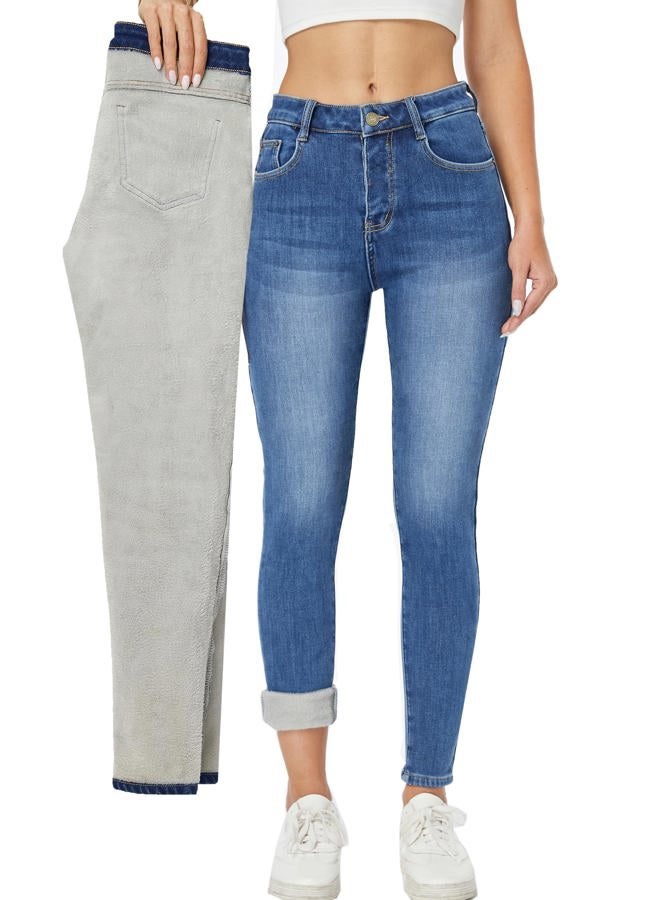 heipeiwa Womens Winter Jeans Thick Skinny Pants Fleece Lined Slim Stretch Warm Jeggings, Blue 017light, L - Image 1