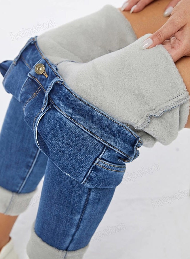 heipeiwa Womens Winter Jeans Thick Skinny Pants Fleece Lined Slim Stretch Warm Jeggings, Blue 017light, L - Image 2