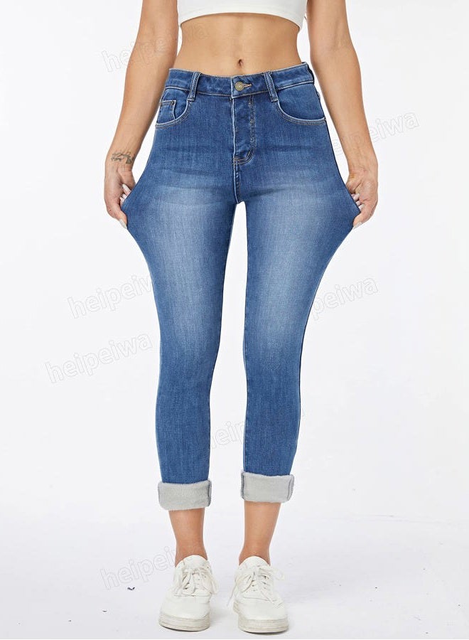 heipeiwa Womens Winter Jeans Thick Skinny Pants Fleece Lined Slim Stretch Warm Jeggings, Blue 017light, L - Image 4