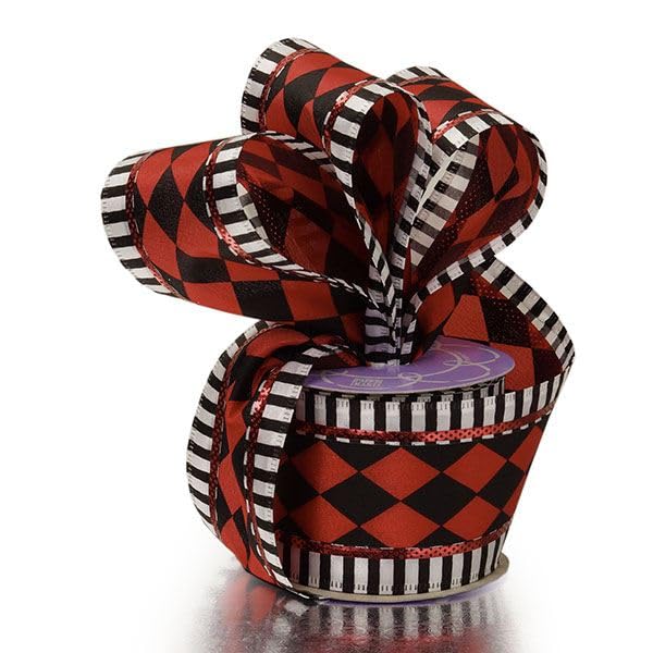 Paper Mart 2 1/2" X 10 Yards Red/Black Harlequin Stripe Wired Ribbon Halloween - Image 5