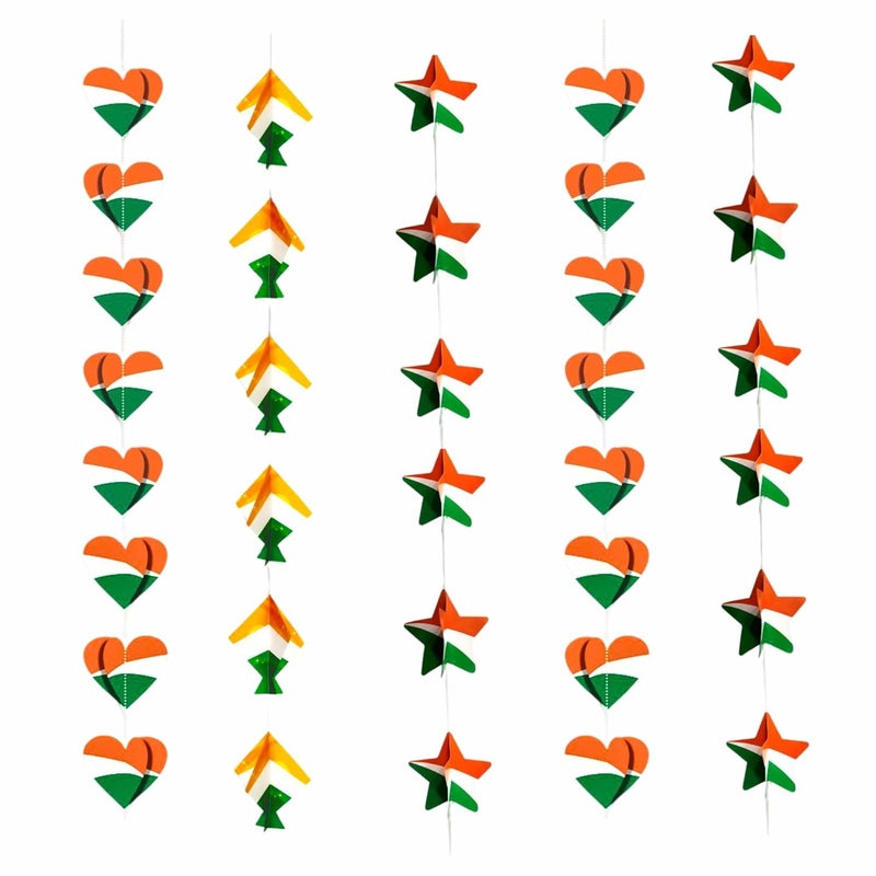 DIGI ARTS Hanging 3d Frills Garland Tri Color In 2 Kite Frill 2 Heart Frill 2 Star Frill For Republic Day Decoration Pack Of 6 Pc Multicolor