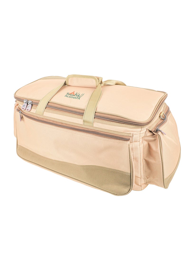 الغافة حقيبة ادوات التخييم، منظم ادوات الطبخ اثناء التخييم والسفر، شنطة سفر مع جيوب شبكية، شنطة محمولة لادوات الطبخ والشواء والمطبخ،28*26*56سم، قماش اكسفورد، بطانة بي في سي،لون كاكي ، من الغافة - Image 1