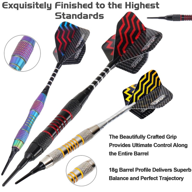 Turnart Darts Plastic Tip - Professional Soft Tip Darts Set for Electronic Dartboard 9 Pcs 18 Grams with 50 Extra Tip 9 Shafts 27 Flights Tool Kit Flight Protectors and Gift Case (Color) - Image 3