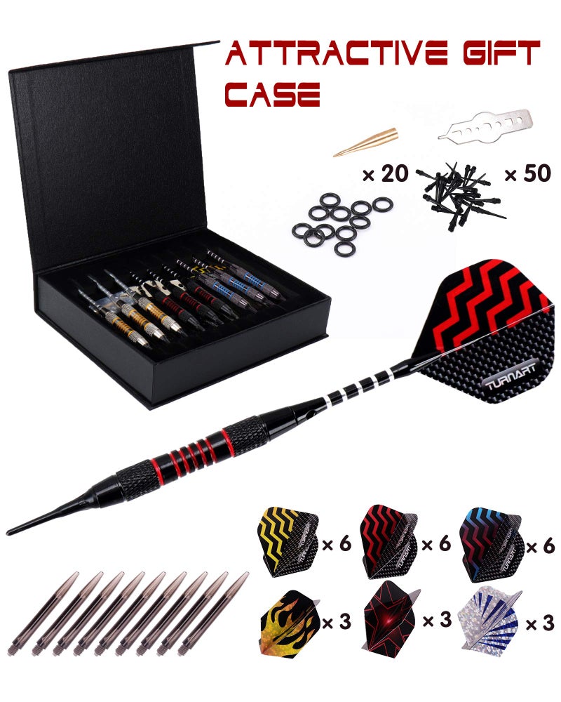 Turnart Darts Plastic Tip - Professional Soft Tip Darts Set for Electronic Dartboard 9 Pcs 18 Grams with 50 Extra Tip 9 Shafts 27 Flights Tool Kit Flight Protectors and Gift Case (Color) - Image 2