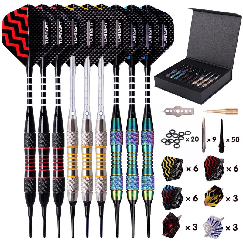 Turnart Darts Plastic Tip - Professional Soft Tip Darts Set for Electronic Dartboard 9 Pcs 18 Grams with 50 Extra Tip 9 Shafts 27 Flights Tool Kit Flight Protectors and Gift Case (Color) - Image 1
