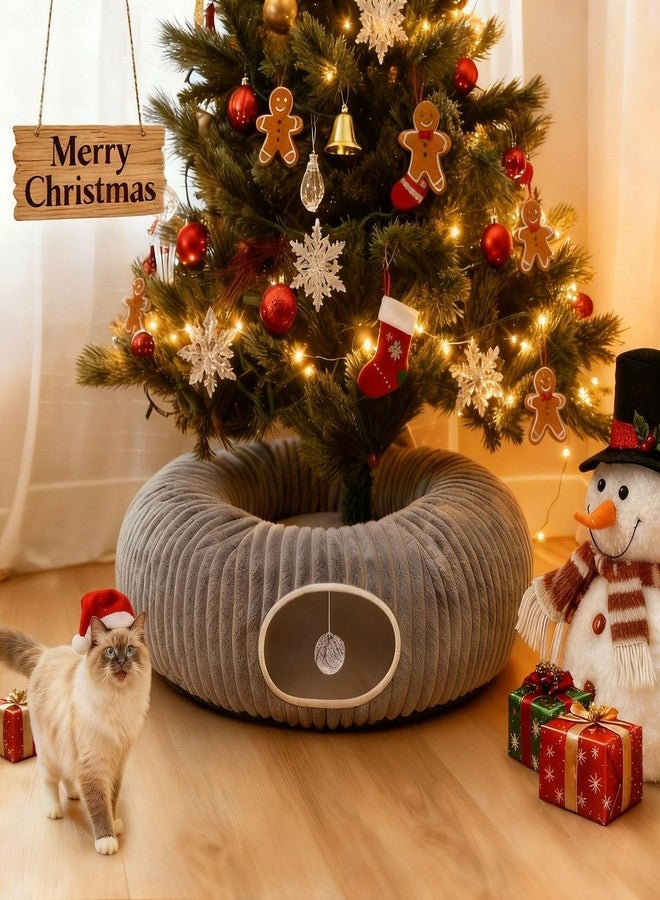 MOYMO Cat Tunnel Bed for Indoor Cats, Peekaboo Cat Cave Bed,Soft Cat Donut Tunnel for Kitten Large Cats, Cat Tunnel Christmas Tree Skirt, Grey - Image 3