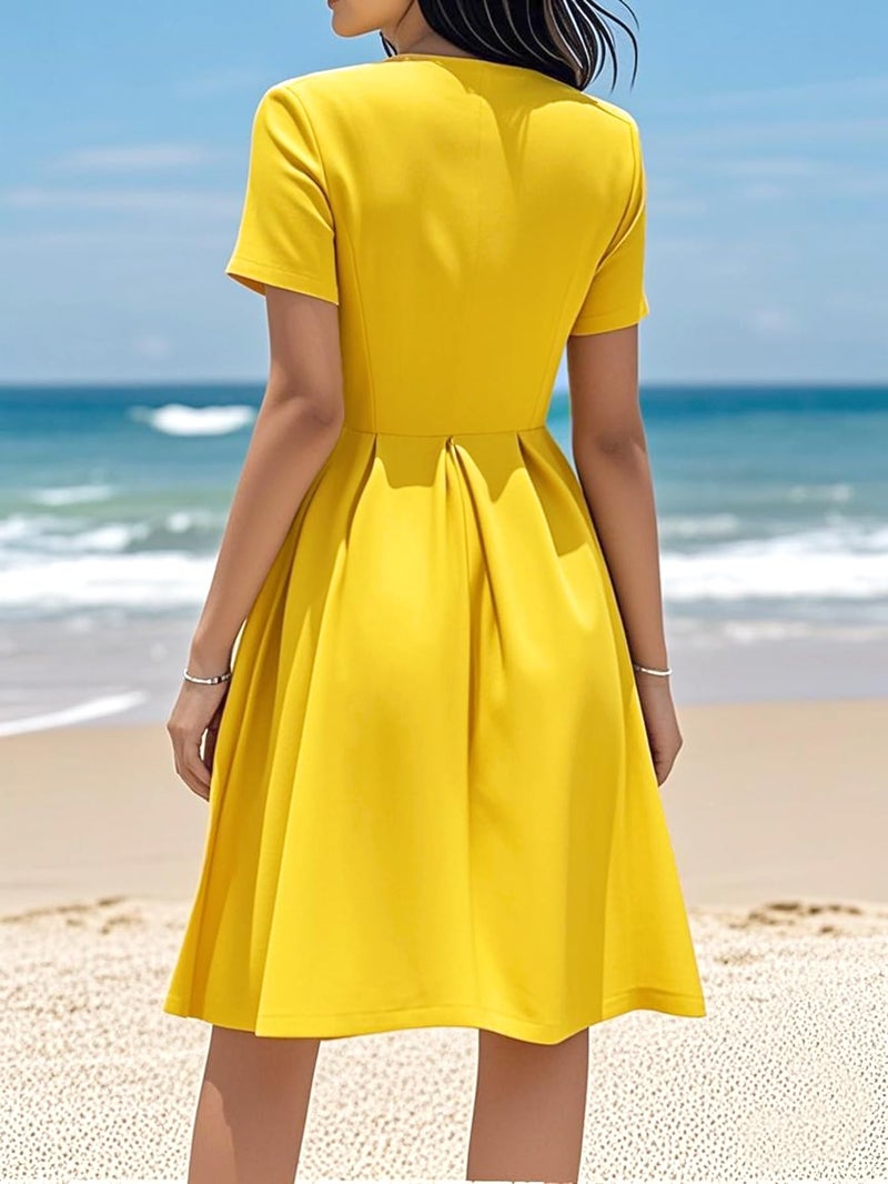 oxiuly Cocktail Summer Wedding Guest Dresses for Mother Teacher's Gift Christmas Elegant Casual New Year Hepburn Style Vintage Dress with Pockets S253 Light Yellow L - Image 3