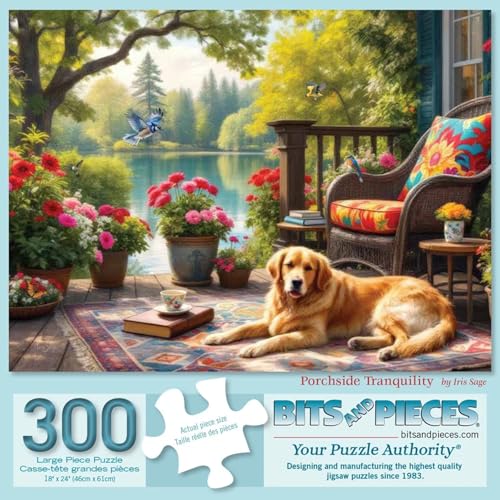 Bits and Pieces ألغاز بتس آند بيس 300 قطعة للبالغين هدوء بجانب الشرفة 300 قطعة كبيرة 18 × 24 ألغاز قطع مفرغة كلب جولدن ريتريفر بحيرة لا يوجد قطعتان متشابهتان - Image 1