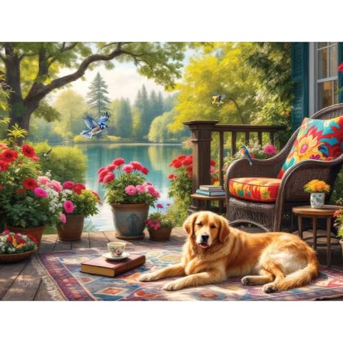 Bits and Pieces ألغاز بتس آند بيس 300 قطعة للبالغين هدوء بجانب الشرفة 300 قطعة كبيرة 18 × 24 ألغاز قطع مفرغة كلب جولدن ريتريفر بحيرة لا يوجد قطعتان متشابهتان - Image 5