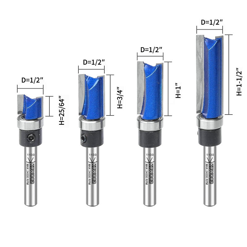 KOWOOD Professional Pattern Flush Trim Router Bits 1/4 Inch Shank, C3 Carbide Bottom Bearing Flush Trim Cut Router bit Set 25/64â€, 3/4", 1", 1-1/2" Cutting Length for Woodworking - Image 2