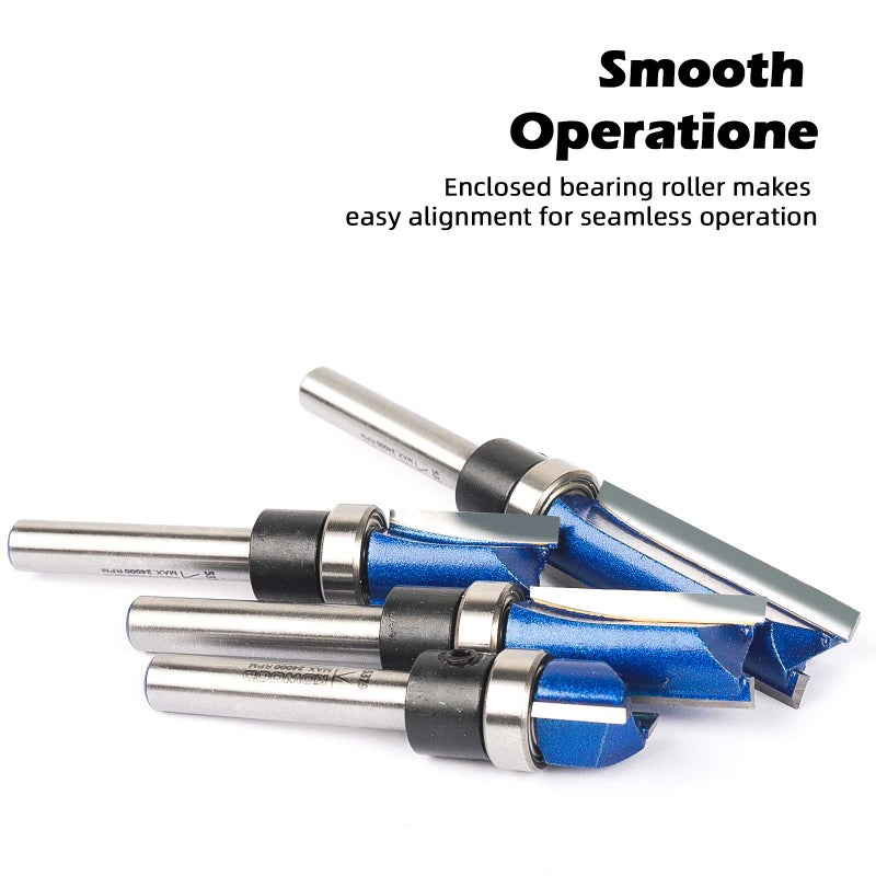 KOWOOD Professional Pattern Flush Trim Router Bits 1/4 Inch Shank, C3 Carbide Bottom Bearing Flush Trim Cut Router bit Set 25/64â€, 3/4", 1", 1-1/2" Cutting Length for Woodworking - Image 3