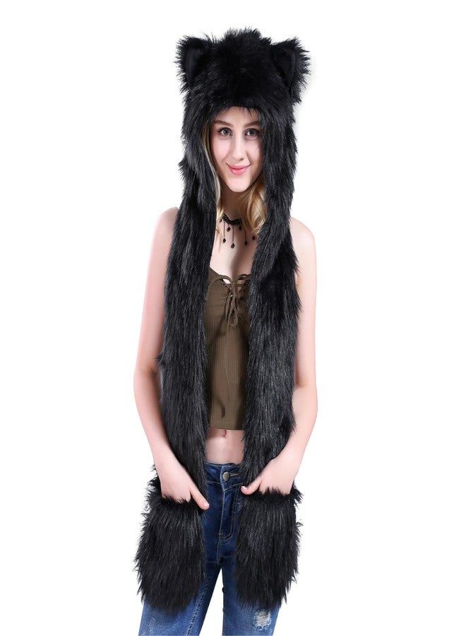 PURFUN Winter Faux Fur Animal Hat Hooded Scarf Full Pockets Paws Mittens Wolf Hood 3 in 1 Plush Ear Flaps Cap Hoodie Furry Gloves Fuzzy Warm Head Cover Beanie Headwear Halloween Cosplay Party Costume - Image 2