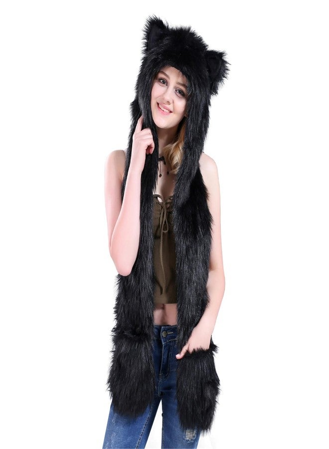 PURFUN Winter Faux Fur Animal Hat Hooded Scarf Full Pockets Paws Mittens Wolf Hood 3 in 1 Plush Ear Flaps Cap Hoodie Furry Gloves Fuzzy Warm Head Cover Beanie Headwear Halloween Cosplay Party Costume - Image 1