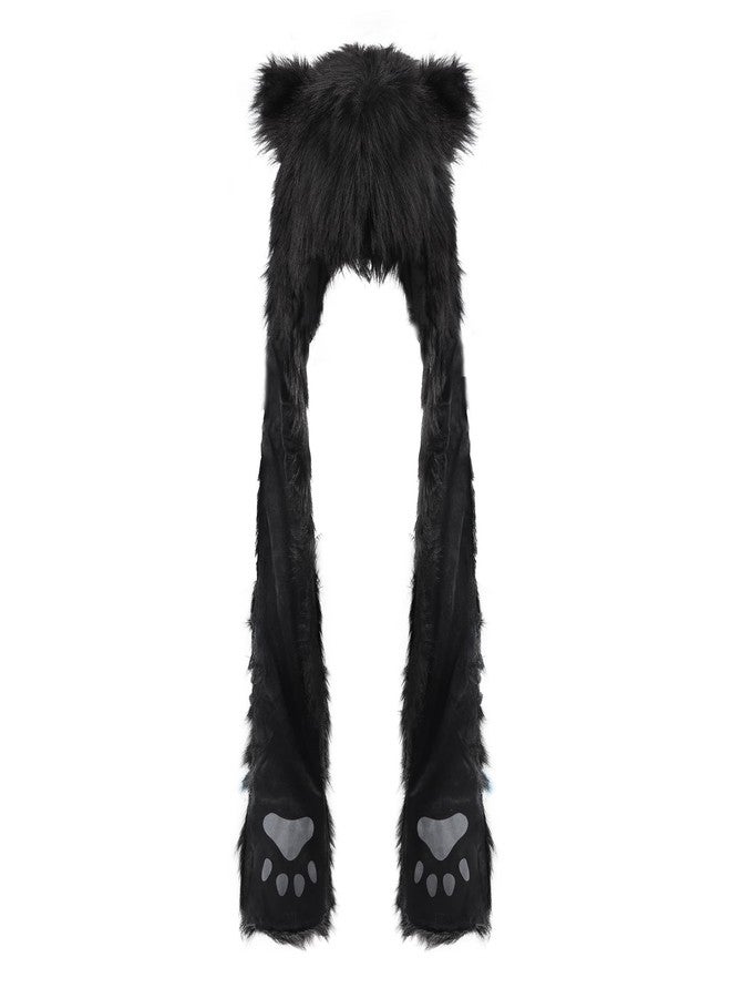 PURFUN Winter Faux Fur Animal Hat Hooded Scarf Full Pockets Paws Mittens Wolf Hood 3 in 1 Plush Ear Flaps Cap Hoodie Furry Gloves Fuzzy Warm Head Cover Beanie Headwear Halloween Cosplay Party Costume - Image 4