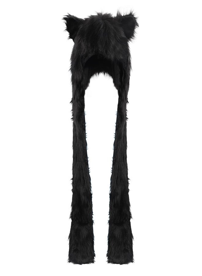 PURFUN Winter Faux Fur Animal Hat Hooded Scarf Full Pockets Paws Mittens Wolf Hood 3 in 1 Plush Ear Flaps Cap Hoodie Furry Gloves Fuzzy Warm Head Cover Beanie Headwear Halloween Cosplay Party Costume - Image 3