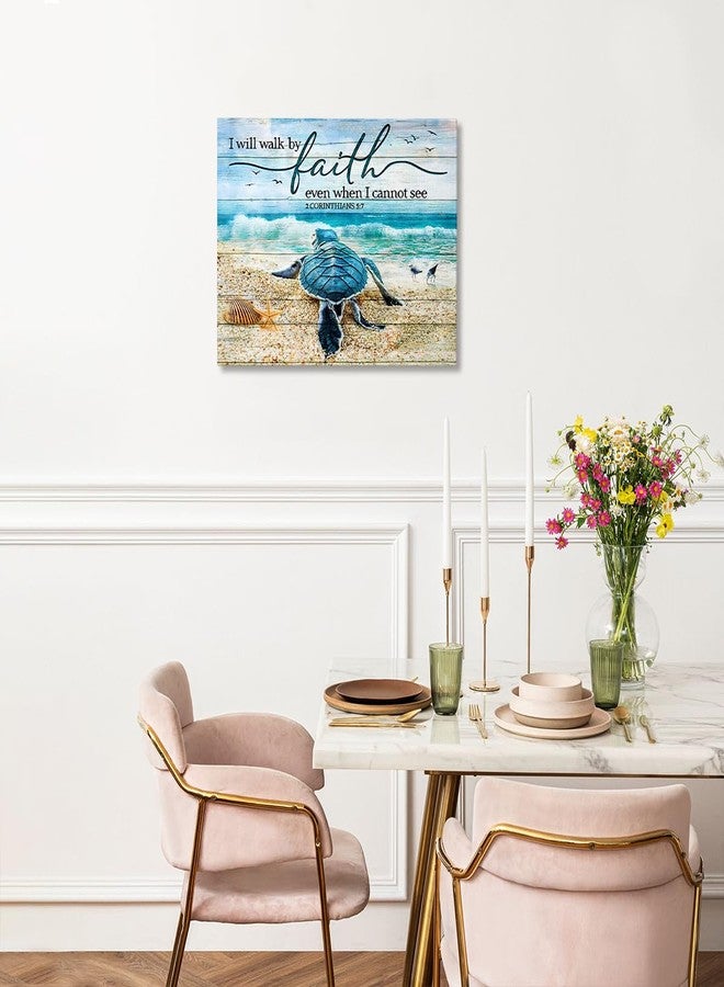 Tourrest Scripture Holy Bible Wall Art Teal Sea Turtle Walk by Faith Canvas Print Quotes Framed Artwork Blue Ocean Beach Coast Scenery Poster Motivational Animal Large Wooden Wall Décor, 16 x 12 in - Image 4