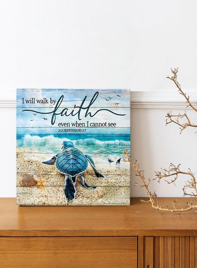 Tourrest Scripture Holy Bible Wall Art Teal Sea Turtle Walk by Faith Canvas Print Quotes Framed Artwork Blue Ocean Beach Coast Scenery Poster Motivational Animal Large Wooden Wall Décor, 16 x 12 in - Image 2