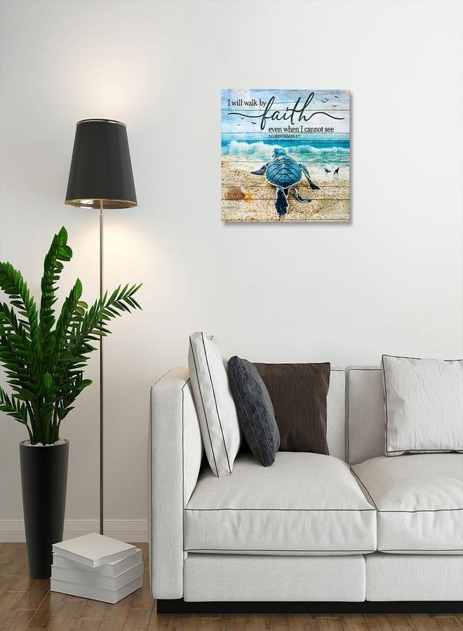 Tourrest Scripture Holy Bible Wall Art Teal Sea Turtle Walk by Faith Canvas Print Quotes Framed Artwork Blue Ocean Beach Coast Scenery Poster Motivational Animal Large Wooden Wall Décor, 16 x 12 in - Image 5