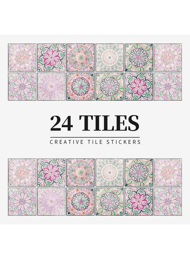 Barakah بلاط خلفية قابل للتقشير واللصق، 24 قطعة ورق حائط لاصق، ملصقات جدارية لامعة مقاومة للماء والزيت وقابلة للإزالة للحمام، خلفية المطبخ وزينة لاصقة (15x15 سم، ماندالا - وردي) - Image 2