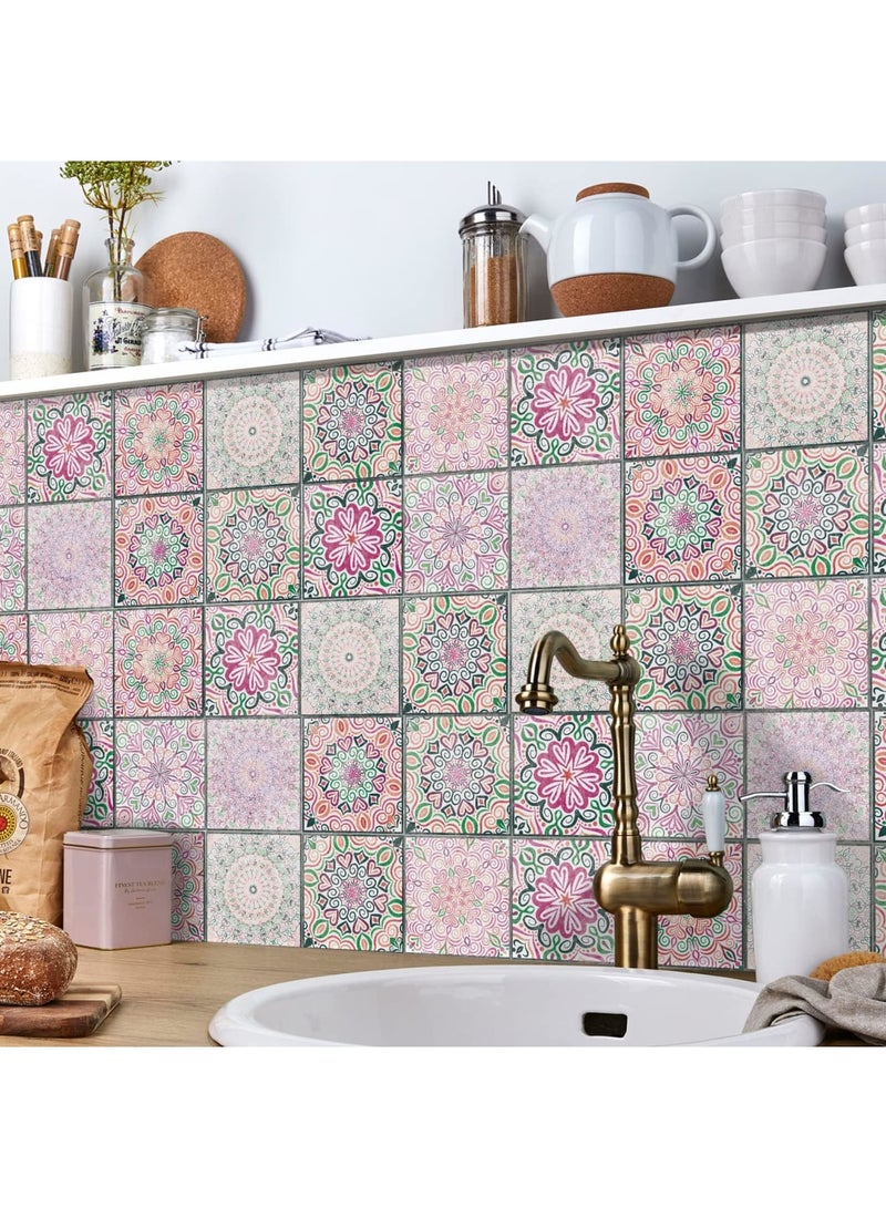 Barakah بلاط خلفية قابل للتقشير واللصق، 24 قطعة ورق حائط لاصق، ملصقات جدارية لامعة مقاومة للماء والزيت وقابلة للإزالة للحمام، خلفية المطبخ وزينة لاصقة (15x15 سم، ماندالا - وردي) - Image 3