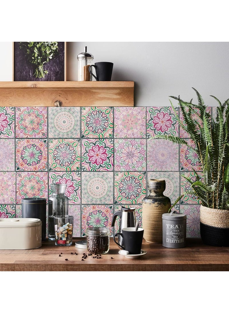 Barakah بلاط خلفية قابل للتقشير واللصق، 24 قطعة ورق حائط لاصق، ملصقات جدارية لامعة مقاومة للماء والزيت وقابلة للإزالة للحمام، خلفية المطبخ وزينة لاصقة (15x15 سم، ماندالا - وردي) - Image 4