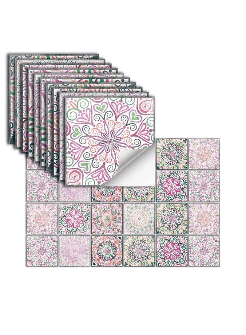 Barakah بلاط خلفية قابل للتقشير واللصق، 24 قطعة ورق حائط لاصق، ملصقات جدارية لامعة مقاومة للماء والزيت وقابلة للإزالة للحمام، خلفية المطبخ وزينة لاصقة (15x15 سم، ماندالا - وردي) - Image 1