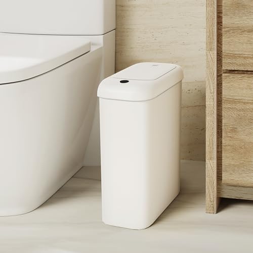 EKO Automatic Bathroom Trash Can with Lid, 2.6 Gallon Slim Touchless Garbage Can, Waterproof Motion Sensor Trash Bin for Bathroom, Office, Kitchen, White - Image 1