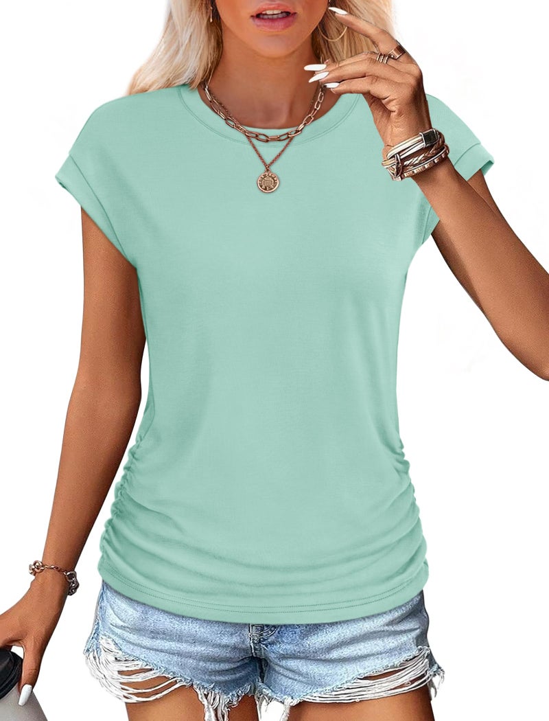 Sampeel Cap Sleeve Tops for Women Loose Casual Dress Shirts Summer Ladies T Shirts Short Sleeve Blouses Lake Green M - Image 2