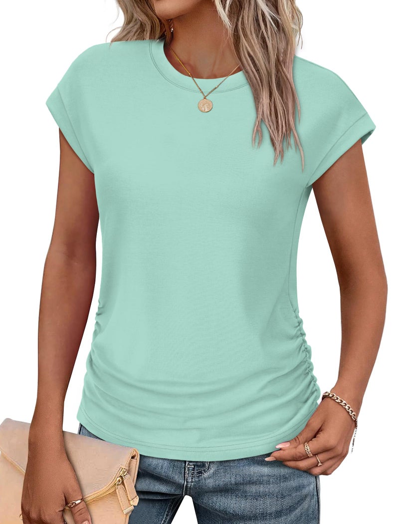 Sampeel Cap Sleeve Tops for Women Loose Casual Dress Shirts Summer Ladies T Shirts Short Sleeve Blouses Lake Green M - Image 1