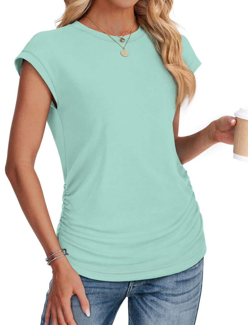 Sampeel Cap Sleeve Tops for Women Loose Casual Dress Shirts Summer Ladies T Shirts Short Sleeve Blouses Lake Green M - Image 3