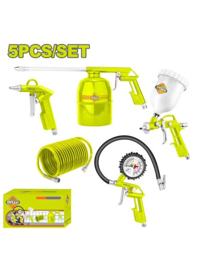 Professional 5PCS Air Compressor Tool Kit – Spray Gun, Tire Inflator Gauge, Blow & Cleaning Gun with Hose – Heavy Duty Garage Set