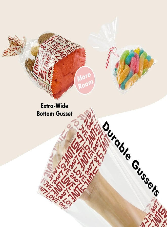 EKAPACKAGING 50Pcs 6x9 Inches Cellophane Treat Bags with Twist Ties, Love Pattern Bottom Gusseted Bags, Flat Bottom Popcorn Cookies Bags, Valentine's Day Goodie Bags for Bakery, Wedding, Classroom - Image 3