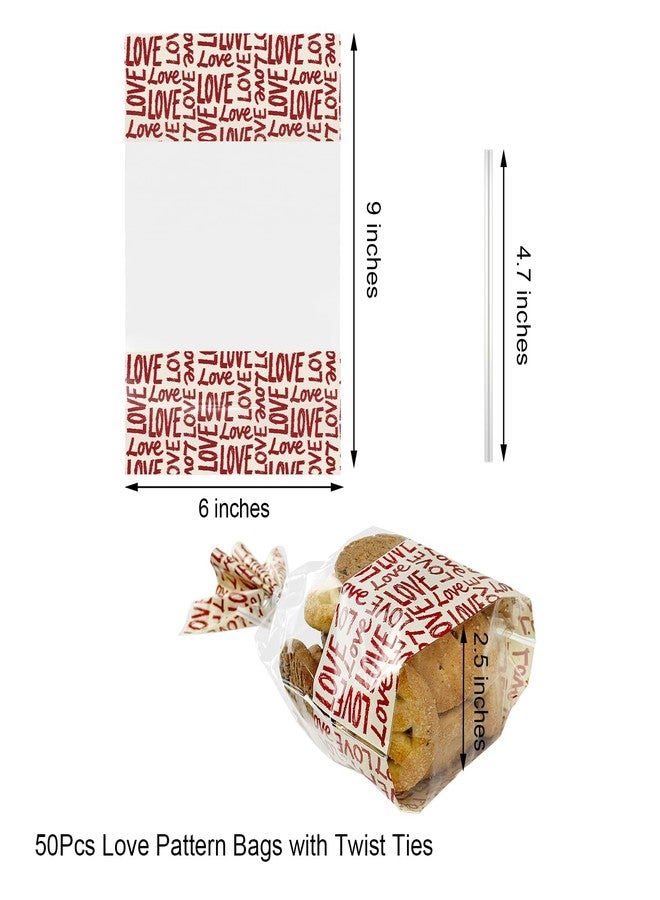 EKAPACKAGING 50Pcs 6x9 Inches Cellophane Treat Bags with Twist Ties, Love Pattern Bottom Gusseted Bags, Flat Bottom Popcorn Cookies Bags, Valentine's Day Goodie Bags for Bakery, Wedding, Classroom - Image 2