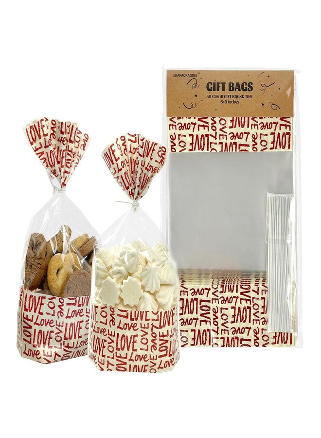 EKAPACKAGING 50Pcs 6x9 Inches Cellophane Treat Bags with Twist Ties, Love Pattern Bottom Gusseted Bags, Flat Bottom Popcorn Cookies Bags, Valentine's Day Goodie Bags for Bakery, Wedding, Classroom - Image 1