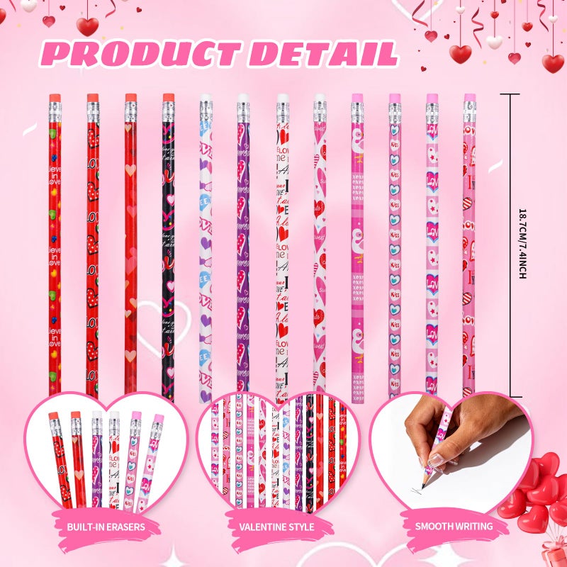 Zhirlyn 48PCS Valentine's Day Pencils with Erasers Stationery Set, 24 Valentines Pencils in 12 Style, 24 Heart Erasers in 6 Style, Classroom Prizes Gifts - Image 2
