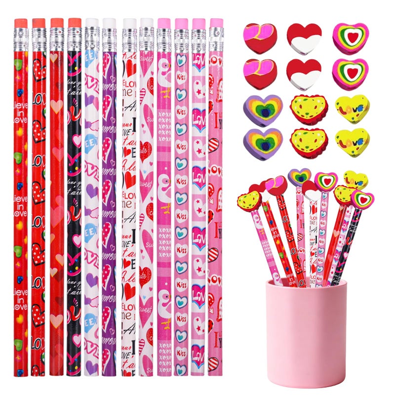 Zhirlyn 48PCS Valentine's Day Pencils with Erasers Stationery Set, 24 Valentines Pencils in 12 Style, 24 Heart Erasers in 6 Style, Classroom Prizes Gifts - Image 1