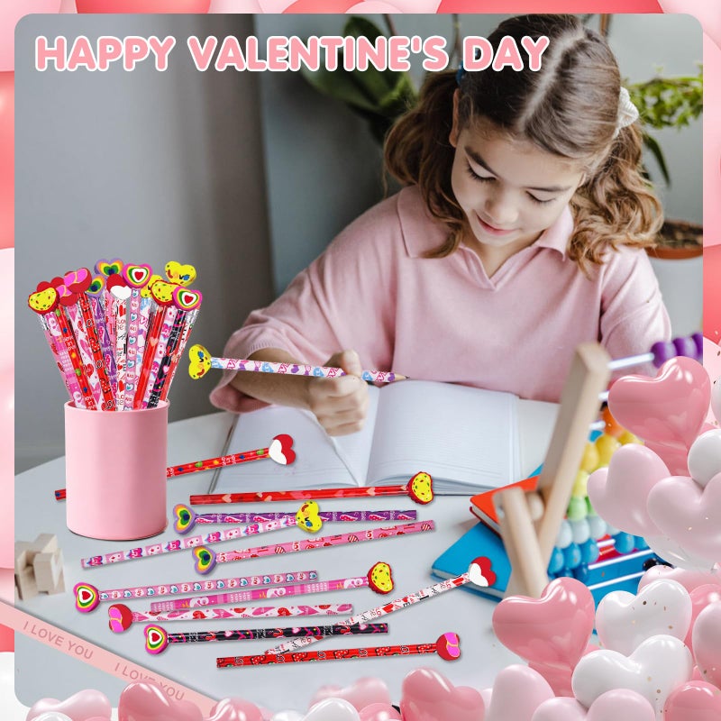 Zhirlyn 48PCS Valentine's Day Pencils with Erasers Stationery Set, 24 Valentines Pencils in 12 Style, 24 Heart Erasers in 6 Style, Classroom Prizes Gifts - Image 3