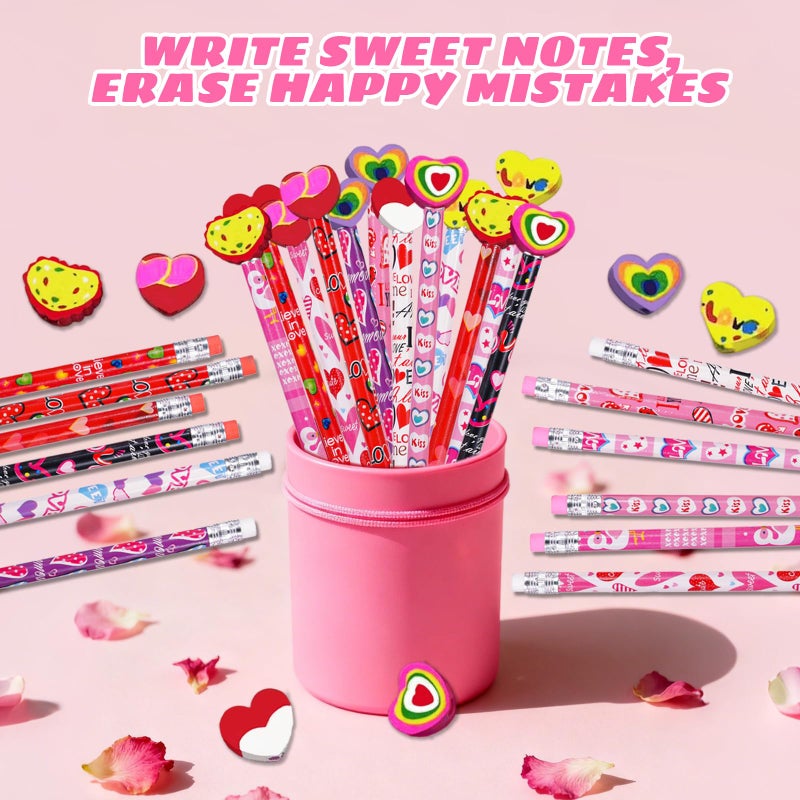 Zhirlyn 48PCS Valentine's Day Pencils with Erasers Stationery Set, 24 Valentines Pencils in 12 Style, 24 Heart Erasers in 6 Style, Classroom Prizes Gifts - Image 4